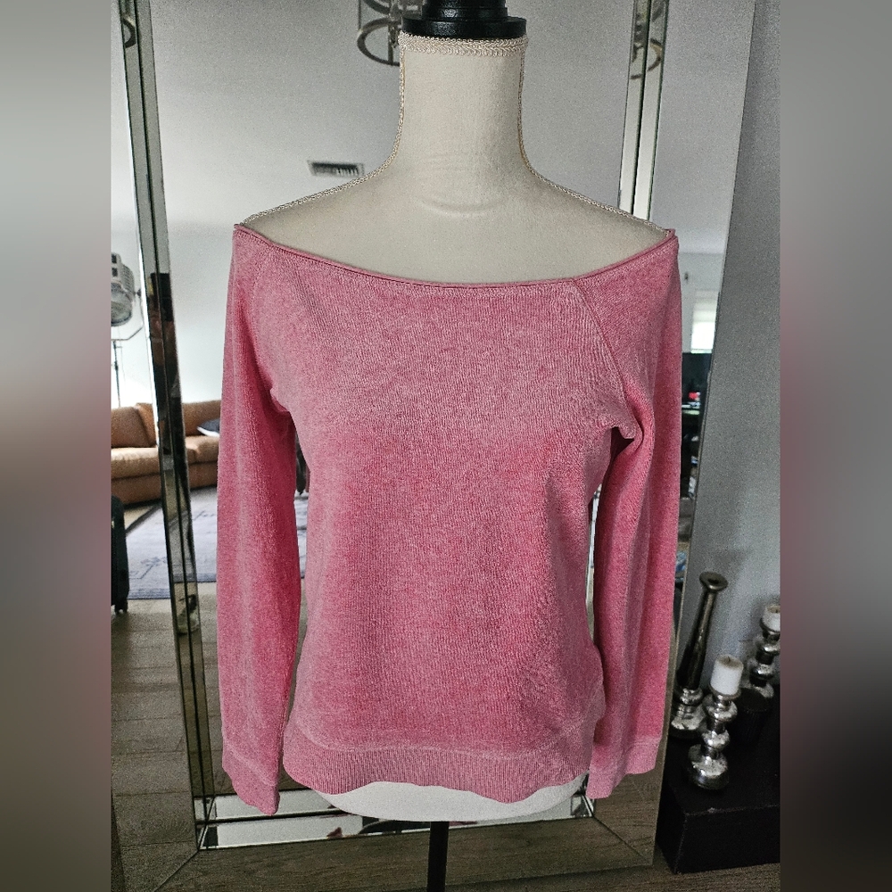 Express Pink Crushed Velvet Off Shoulder Top Womens Small Velour Long Sleeve Y2K